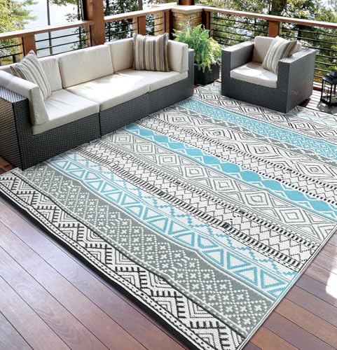 GarveeHome Outdoor Rug 8x10 Reversible Mats, Plastic Straw Rug, Modern Area Rug, Large Floor Mat and Rug for Outdoors, RV, Patio, Backyard, Deck, Picnic, Beach, Trailer, Camping, Blue/Grey(Boho)