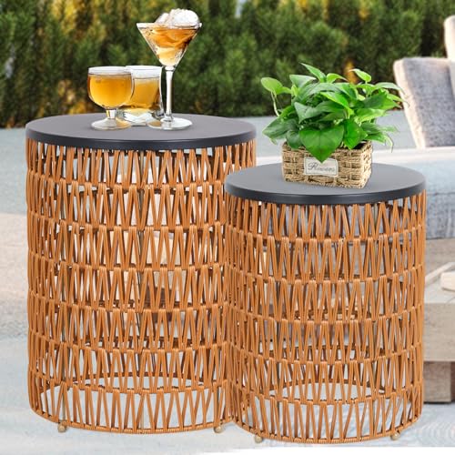 HMVPL Small Outdoor Side Table, Patio Round End Table Set of 2 for Outside, 2 Packs Mini Boho Accent Bistro Desk for Balcony Backyard Poolside Gazebo Garden Indoor Living Room