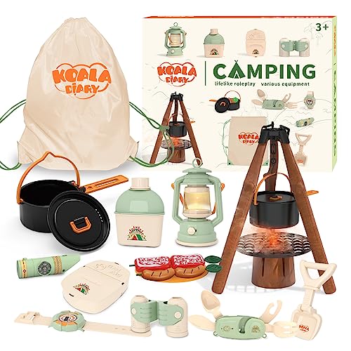 Kids Camping Toys Set - Pretend Play Camping Set with Food Toy, Spray Stove, Oil Lantern, Binoculars, Compass, Tableware, Watch & Storage Bag, Indoor Outdoor Toy for 3 4 5 6+ Year Old Boy Girl Gift