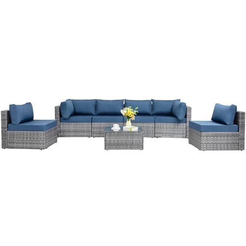 Shintenchi 7 Pieces Outdoor Patio Sectional Sofa Couch, Silver Gray PE Wicker Furniture Conversation Sets with Washable Cushions & Glass Coffee Table for Garden, Poolside, Backyard (Aegean Blue)