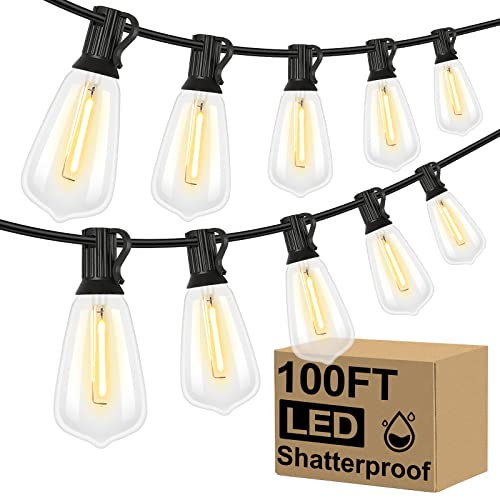 Brightever LED Outdoor String Lights 100FT Patio Lights with 52 Shatterproof ST38 Vintage Edison Bulbs, Outside Hanging Light Waterproof for Porch, Deck, Garden, Backyard, Balcony, Dimmable 2700K