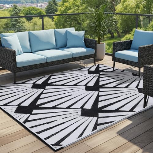 BUPPLEE Outdoor Rug for Patio, 6x9 Ft Reversible Outdoor Plastic Straw Rug Waterproof Foldable Camping Mat with Uv Protection, Quick-Dry Straw Patio Carpet for Deck Rv Porch Backyard - Black & White