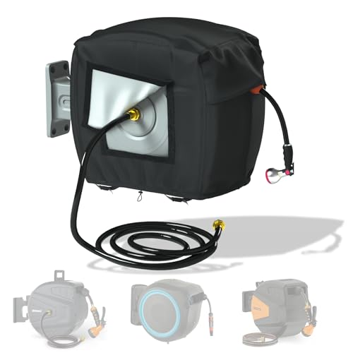 Garden Hose Reel Cover UV Resistant, 100% Waterproof and Anti-Fading Cover for Water Hose Reel，Heavy Duty 600D Polyester Coated Material,With Storage Function ，Black(21.6″ x 15.7″ x 21.6″)