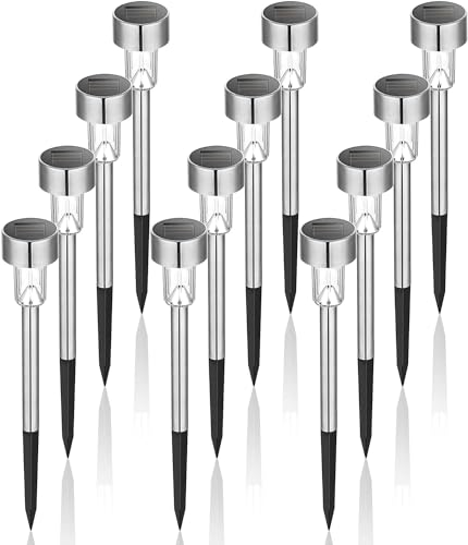 GIGALUMI Solar Lights Outdoor Waterproof, 12 Pack, Stainless Steel LED Solar Garden Lights for Patio, Lawn, Yard and Landscape, Cold White
