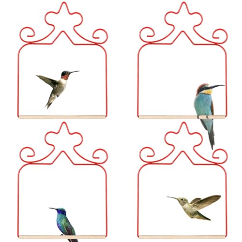 Hummingbird Swings 4 Pack, Rust Resistant Metal Frame, Red Hummingbird Perches with Wooden Dowel,Perfect for Hanging Outdoor Trunk Lawn Patio Garden Yard Porch